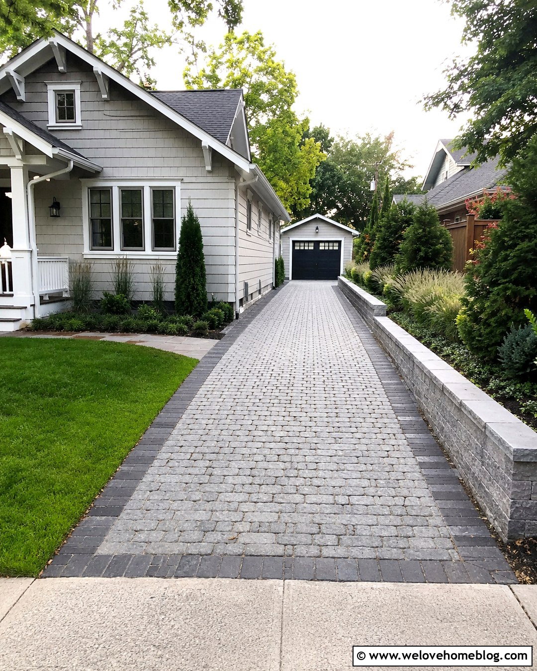 Narrow Grey Cobblestone Driveway With Raised Beds - 20 Grey Cobblestone Driveway Ideas