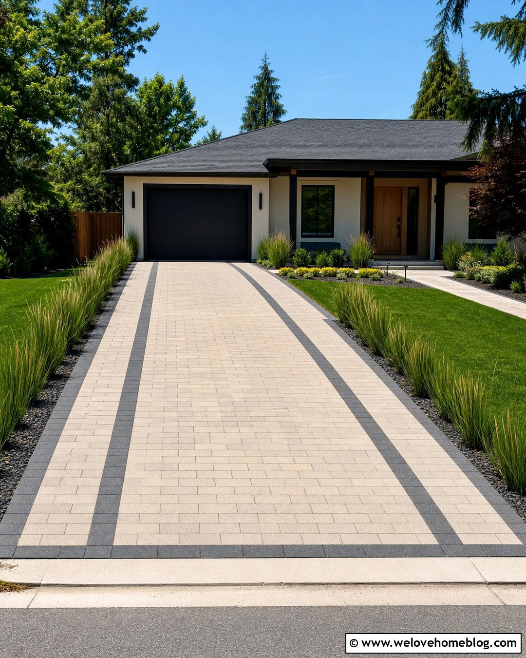 Narrow Paver Driveway With Ornamental Grasses - 20 Narrow Driveway Garden Ideas