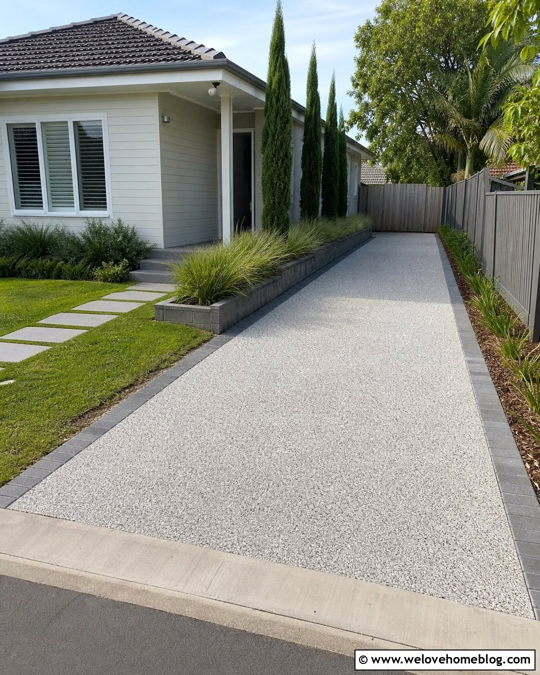 Narrow Pebblecrete Driveway With Raised Garden Beds - 25 Pebblecrete Driveway Ideas