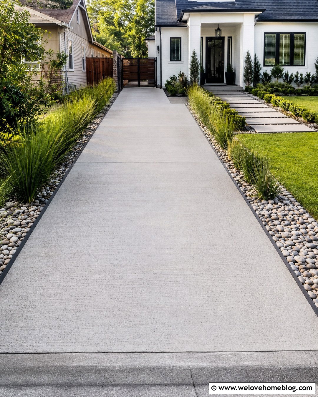Narrow Plain Concrete Driveway With Gravel Borders - 20 Plain Concrete Driveway Ideas