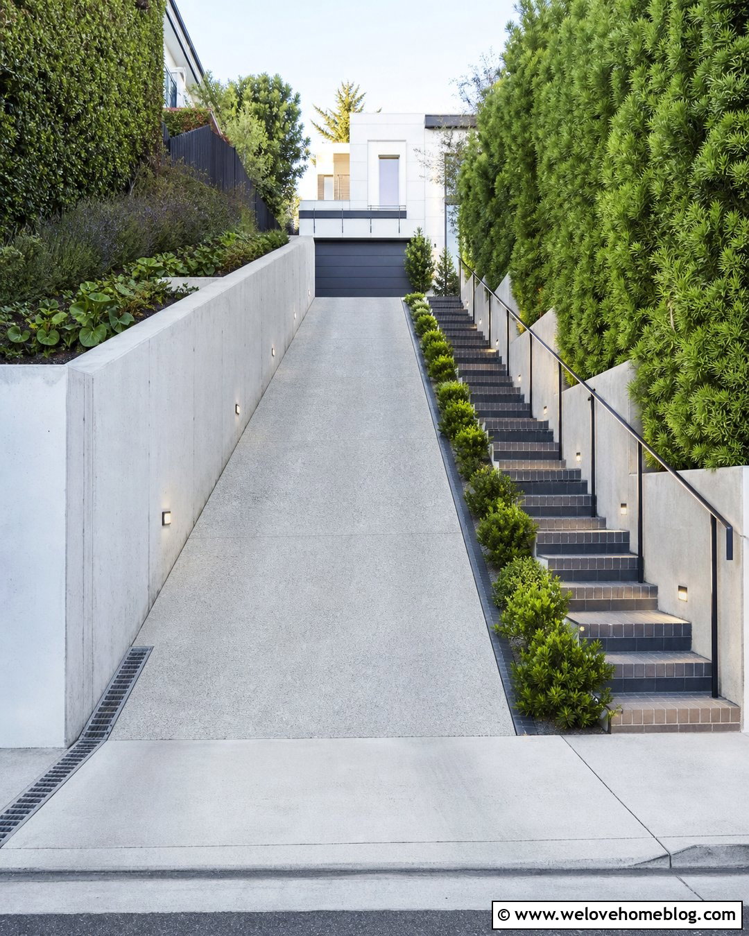 Narrow Sloped Driveway With Side Steps - 35 Sloped Driveway Solutions Ideas