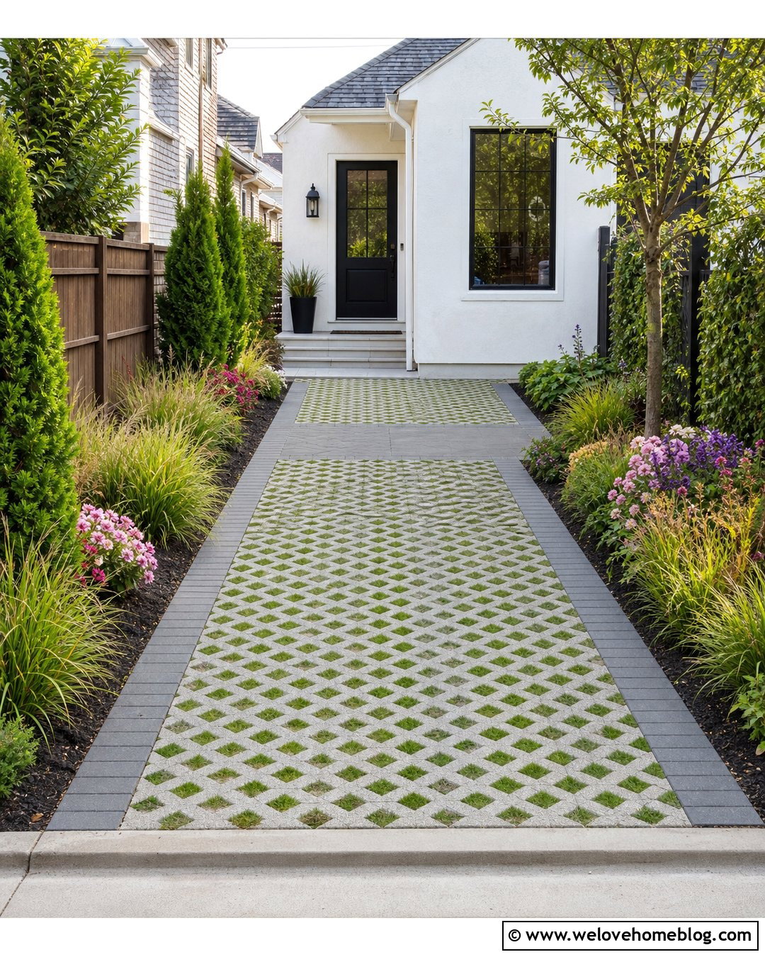 Narrow Turfstone Driveway With Clean Borders - 20 Turfstone Pavers Driveway Ideas