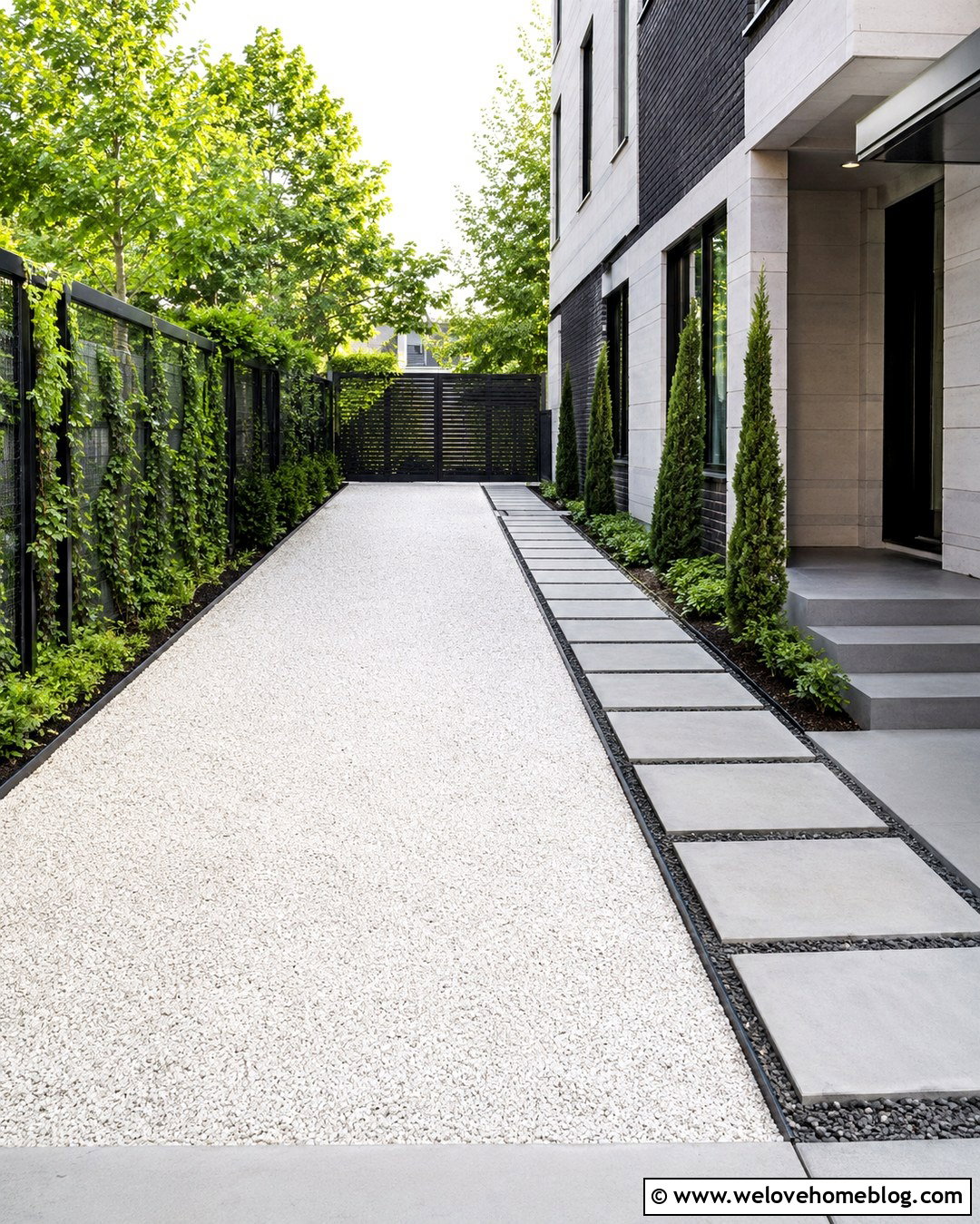 Narrow White Pebble Driveway With Vertical Landscaping - 20 White Pebble Driveway Ideas