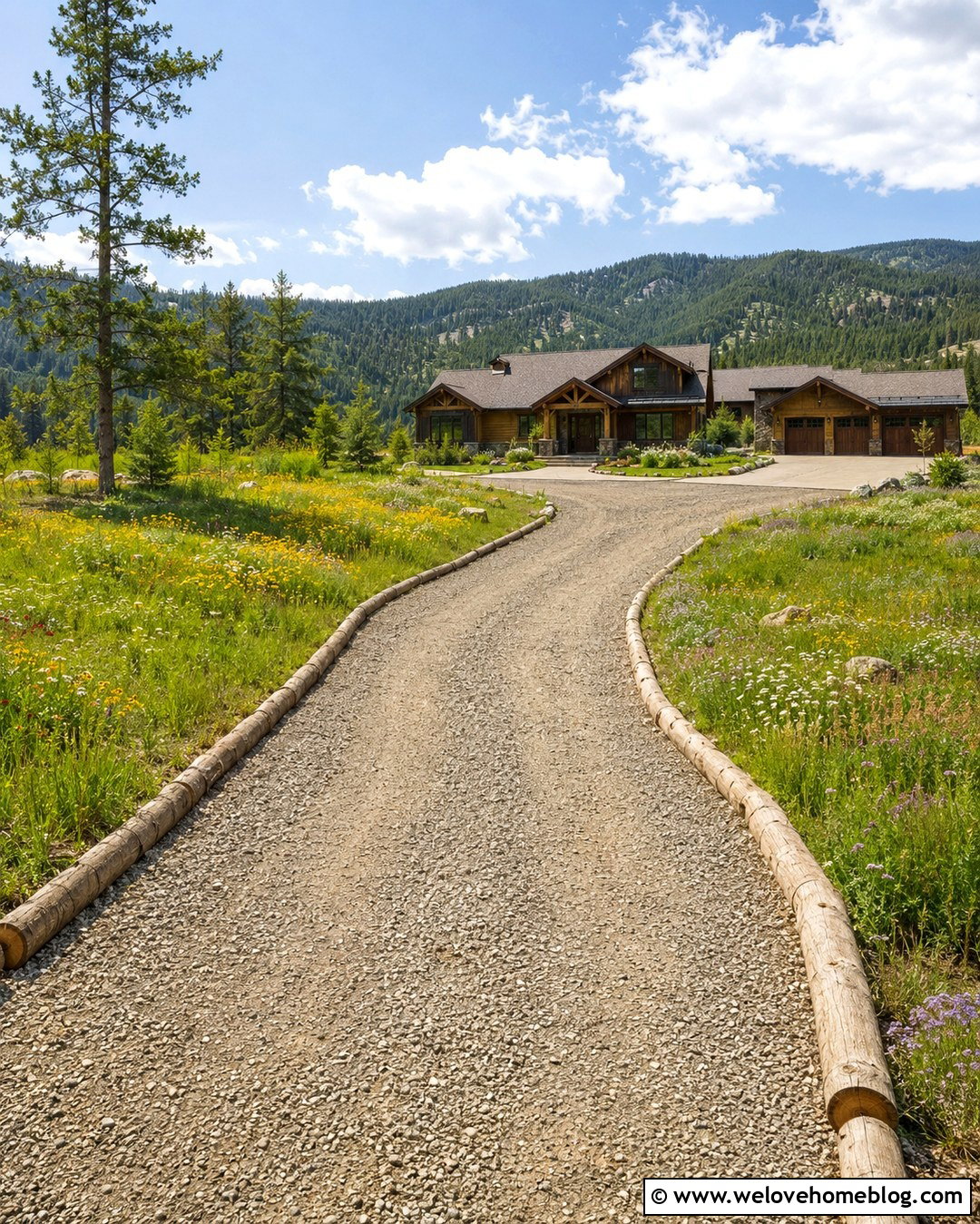 Natural Log Edging For A Country Driveway - 20 Wood Driveway Edging Ideas