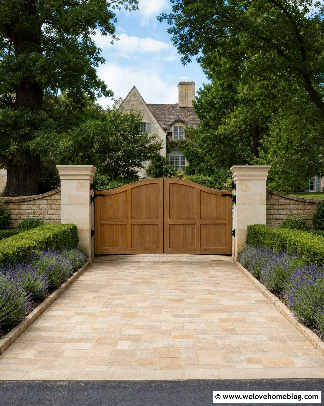 Natural Oak Wooden Driveway Gate With Limestone - 35 Wooden Driveway Gates Ideas