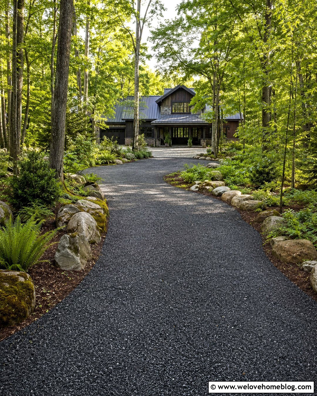Natural Rocks Along Woodland Driveway - 20 Rocks Along Driveway Ideas