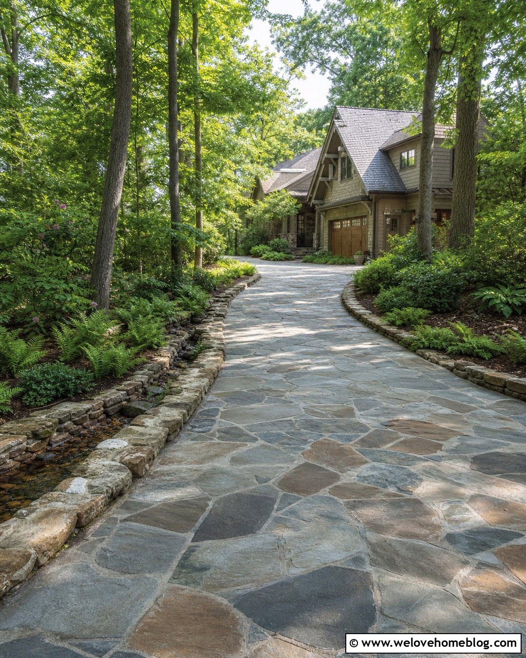 Natural Stone Driveway With Woodland Landscaping - 45 Driveway Design Ideas