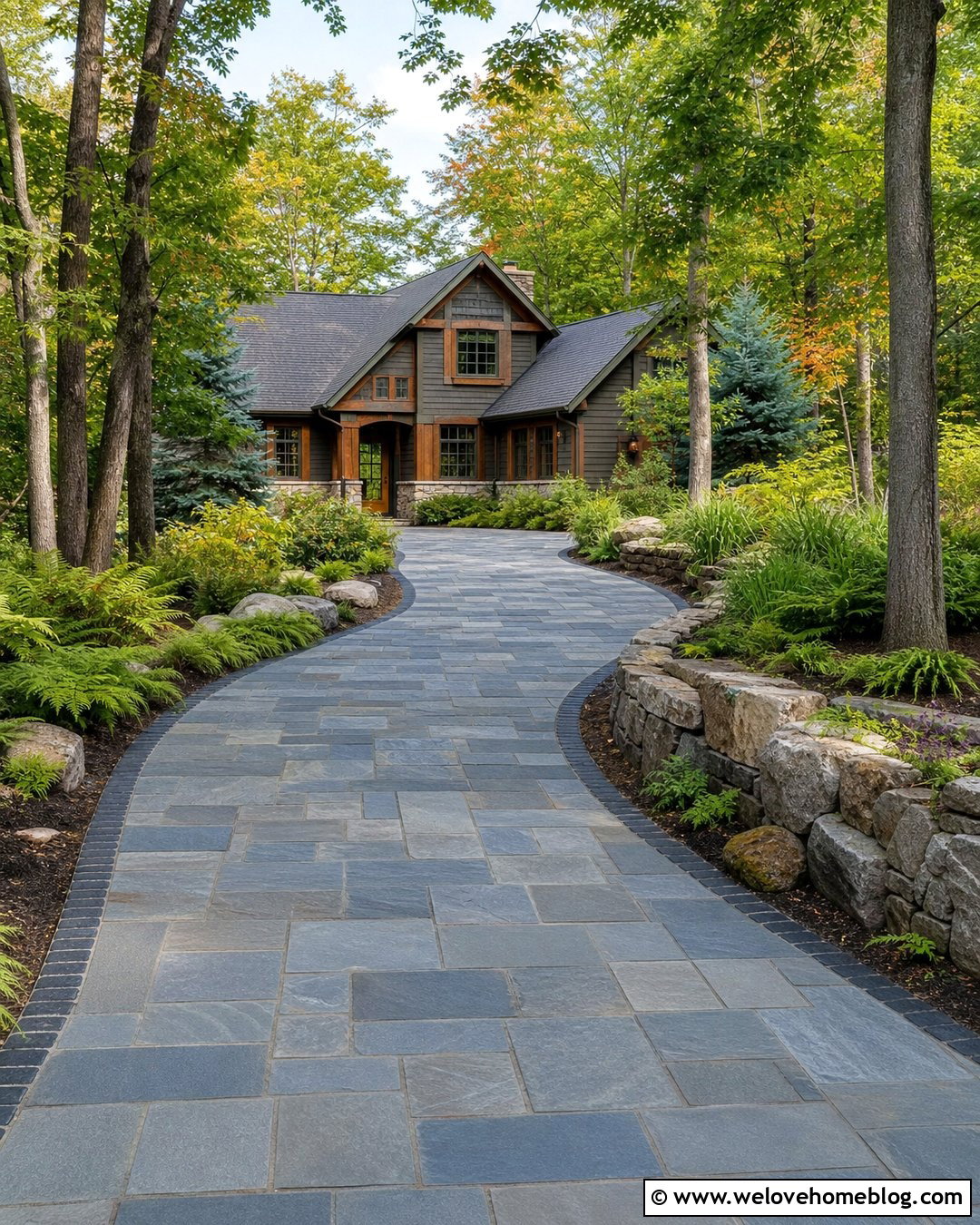 Natural Stone Driveway With Woodland Landscaping - 25 Elegant Driveway Ideas
