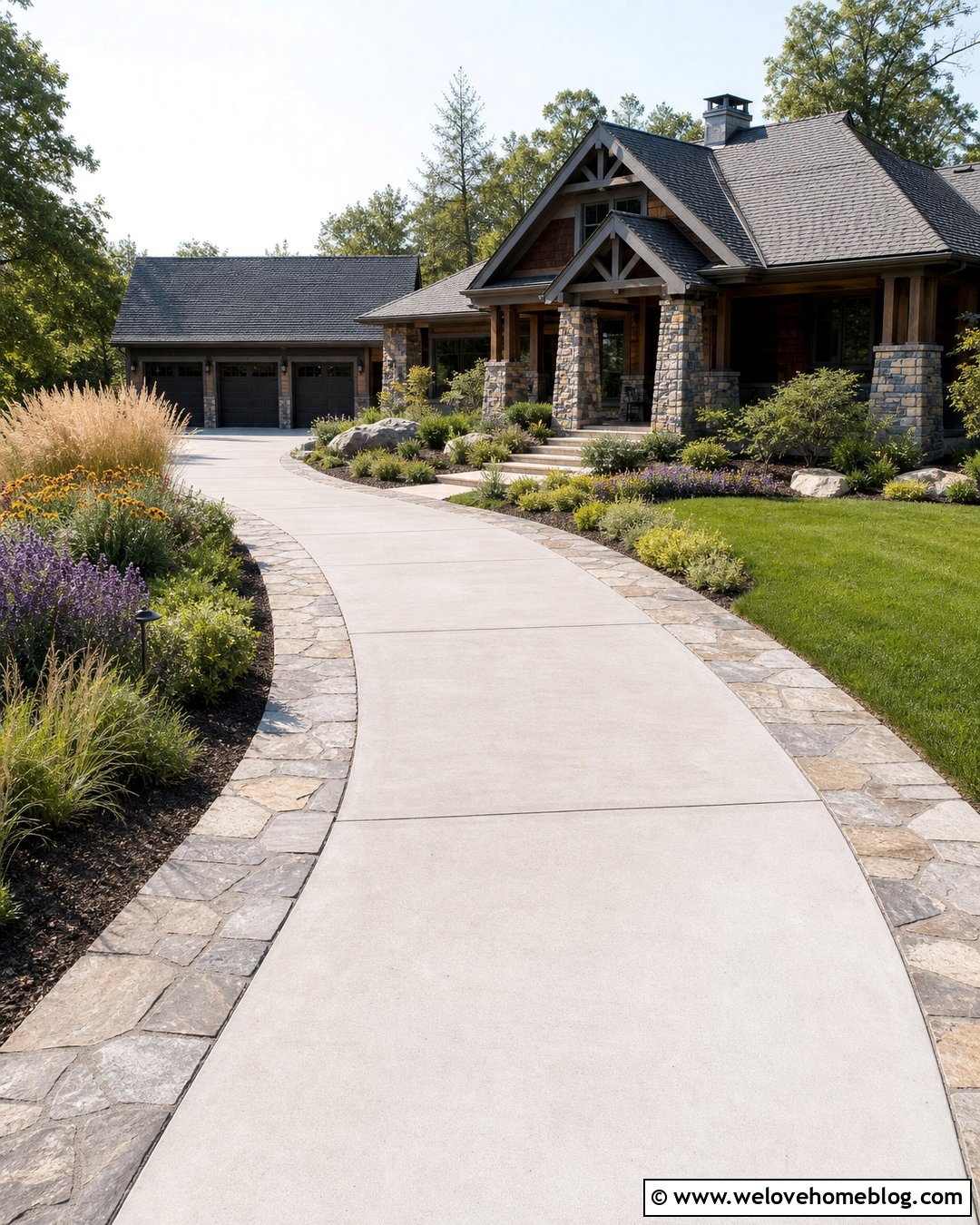 Natural Stone Edge With Concrete Driveway - 20 Driveway Edge Ideas