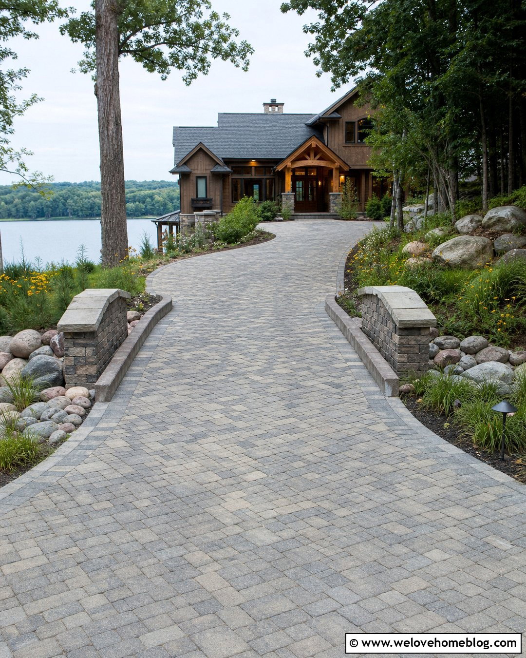 Natural Stone Lake House Driveway Entrance With Drainage Swale - 20 Lake House Driveway Entrance Ideas
