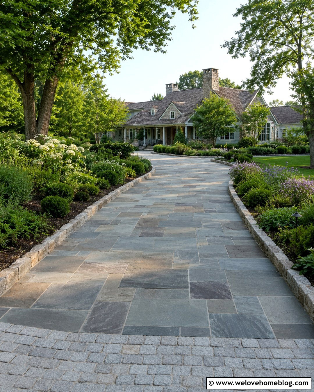 Natural Stone Paved Driveway With Country House - 20 Paved Driveway With House Ideas