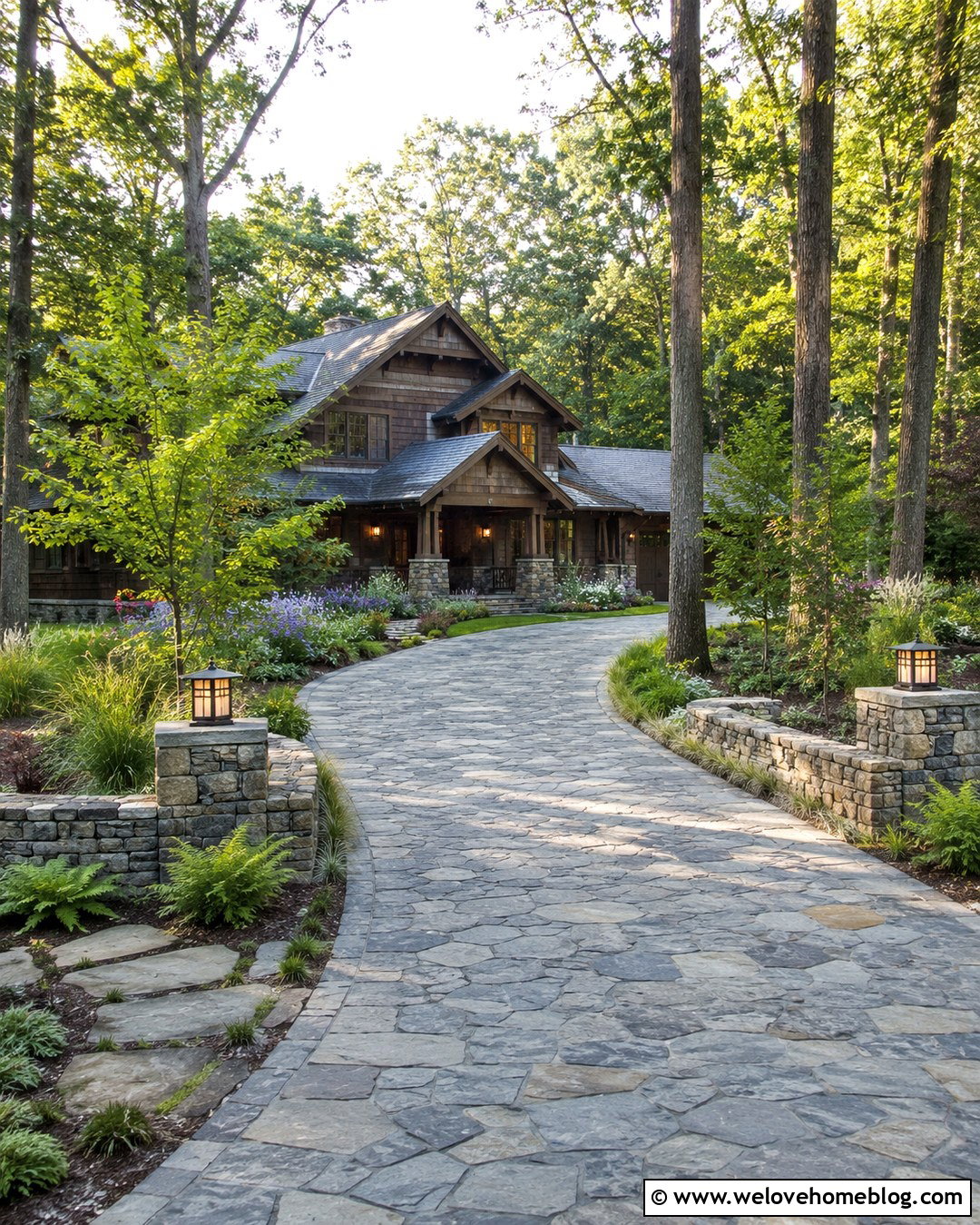 Natural Stone Paver Driveway Entrance With Low Walls - 20 Paved Driveway Entrance Ideas