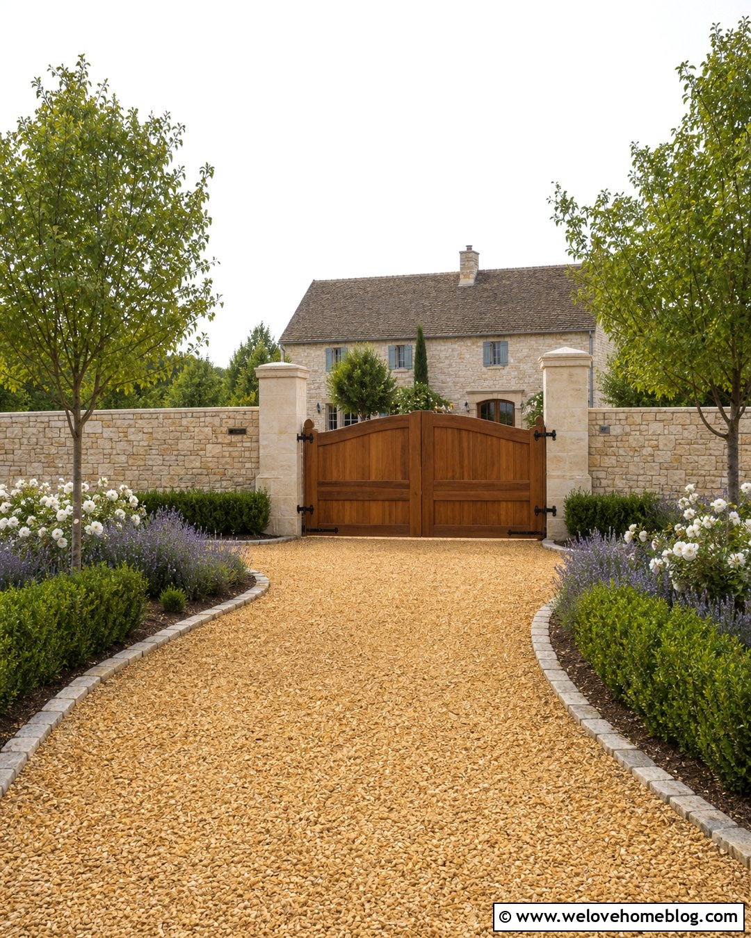 Oak Driveway Gate With Limestone Pillars - 35 Driveway Entry Gates and Entrance Ideas