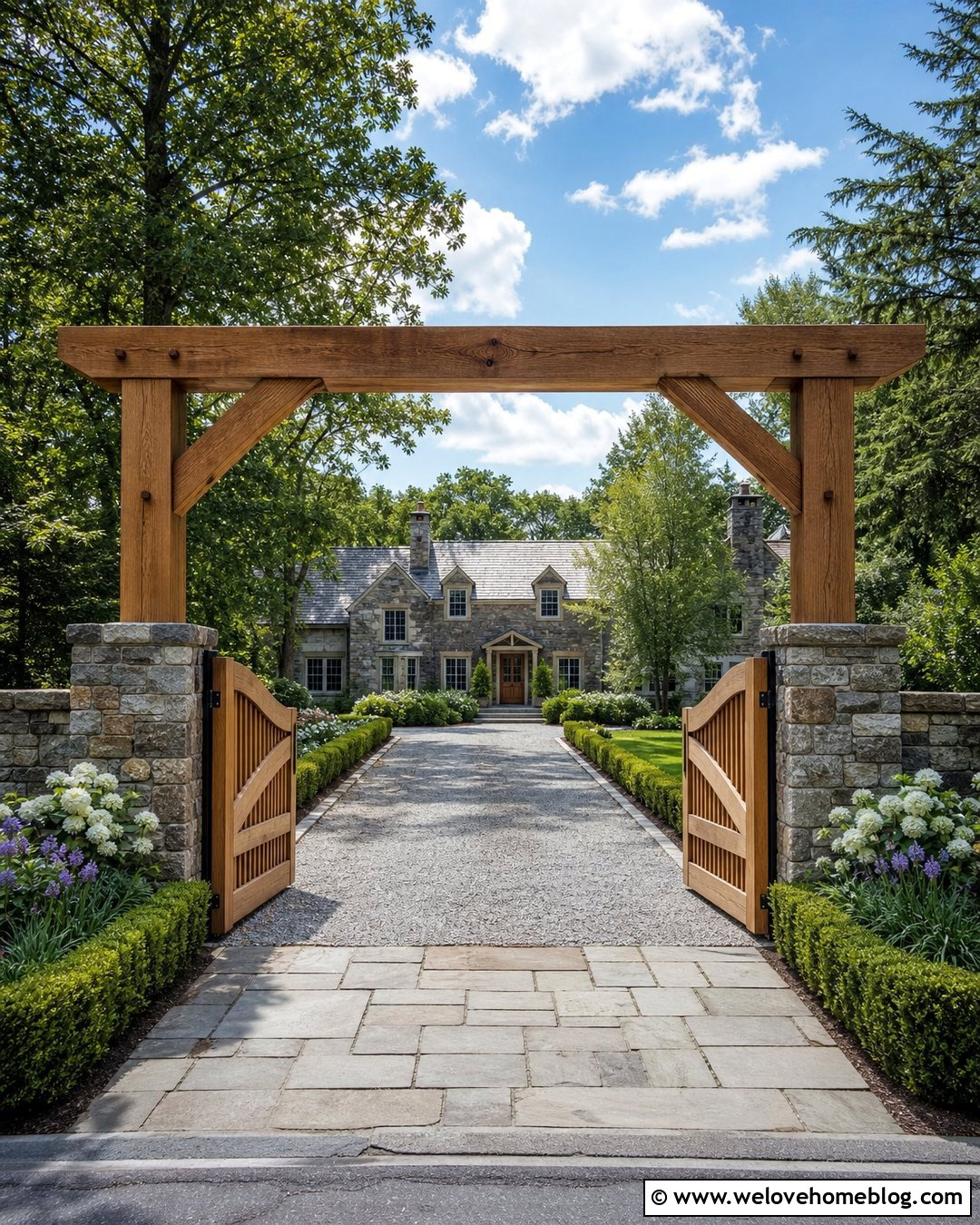 Oak Timber Frame Driveway Entrance With Stone Pillars - 20 Timber Frame Driveway Entrance Ideas