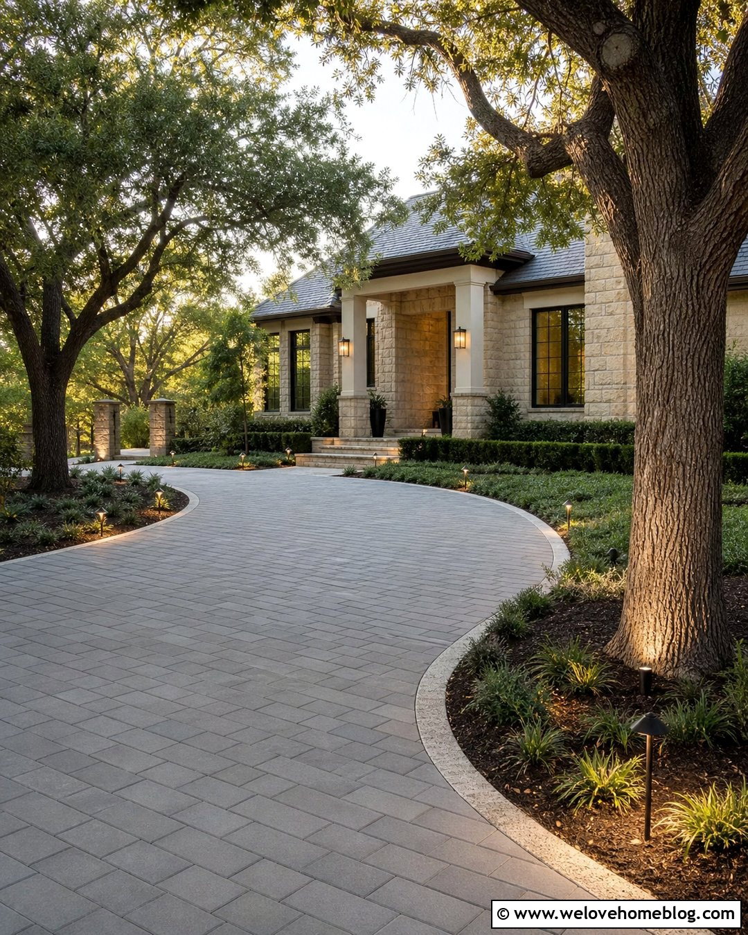 Oak Tree Lined Driveway With Low Lighting - 20 Oak Tree Lined Driveway Ideas