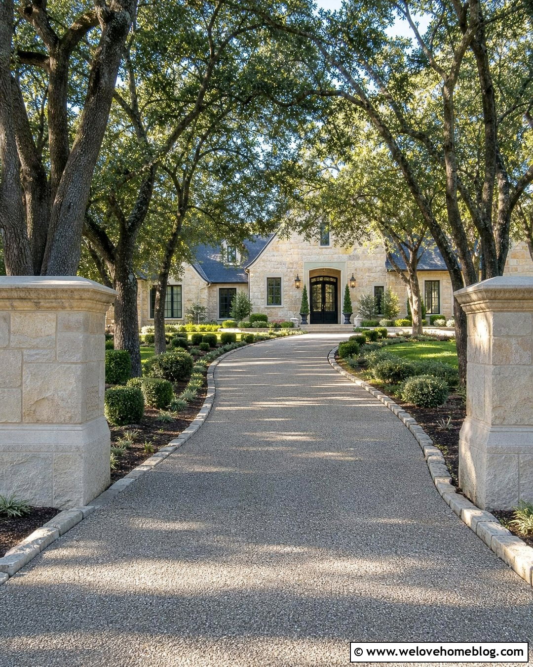 Oak Tree Lined Driveway With Stone Pillars - 20 Oak Tree Lined Driveway Ideas