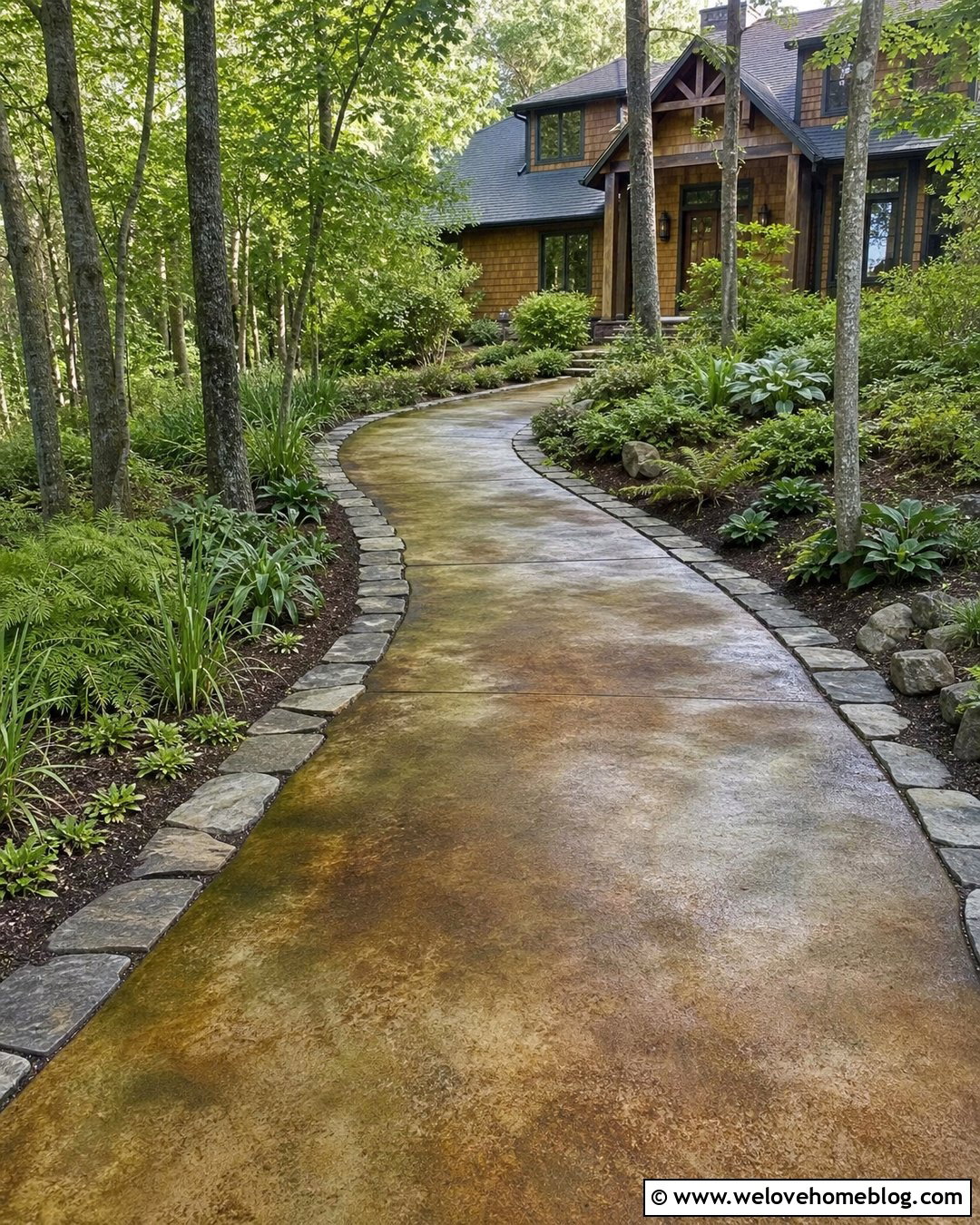 Olive Brown Acid Wash Concrete Driveway With Woodland Border - 20 acid wash concrete driveway ideas