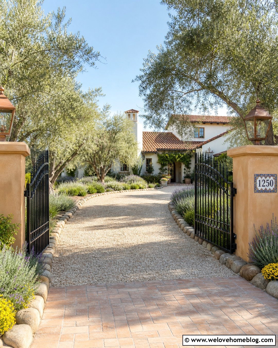 Olive Tree Hacienda Driveway Entrance With Pea Gravel - 20 Hacienda Driveway Entrance Ideas