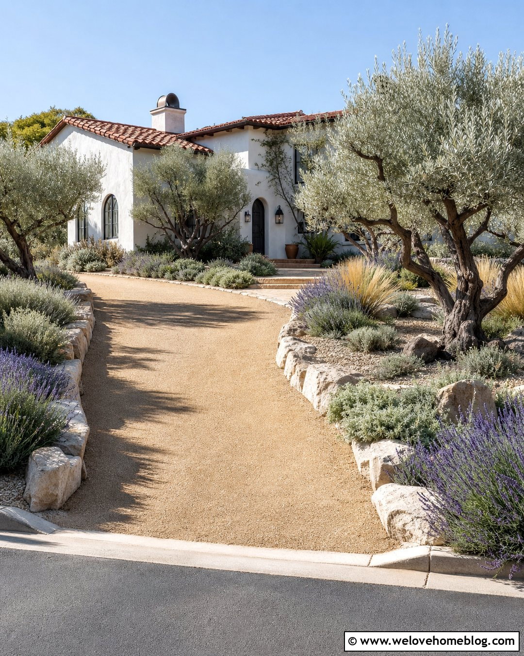 Olive Tree Lined Decomposed Granite Driveway - 40 Tree Lined Driveway Ideas