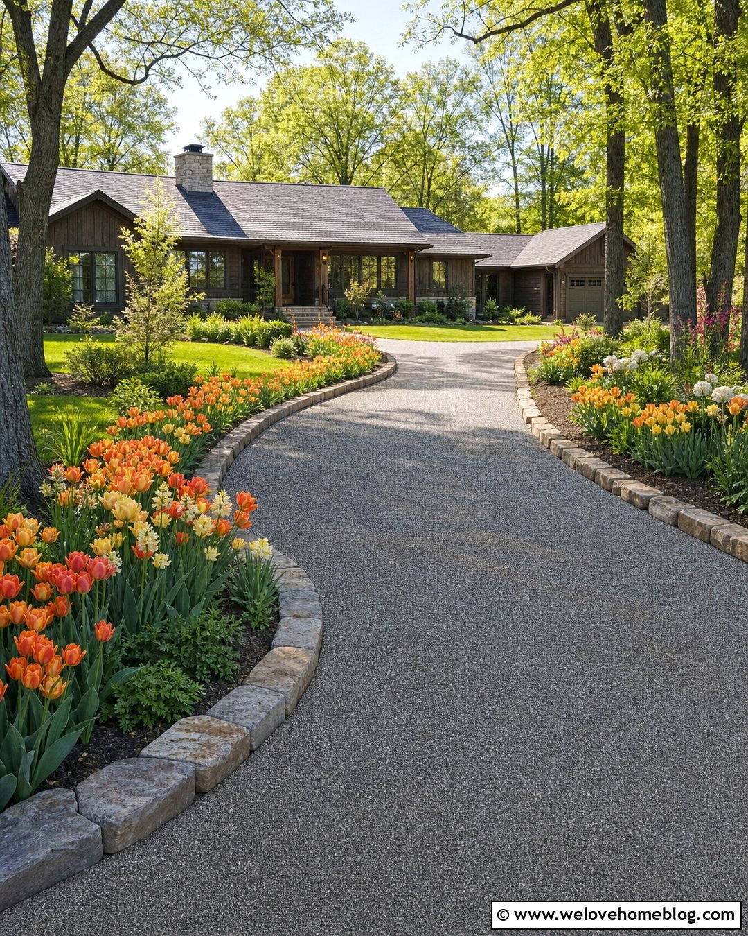 Orange Tulip Lined Curved Driveway - 20 tulip lined driveway ideas