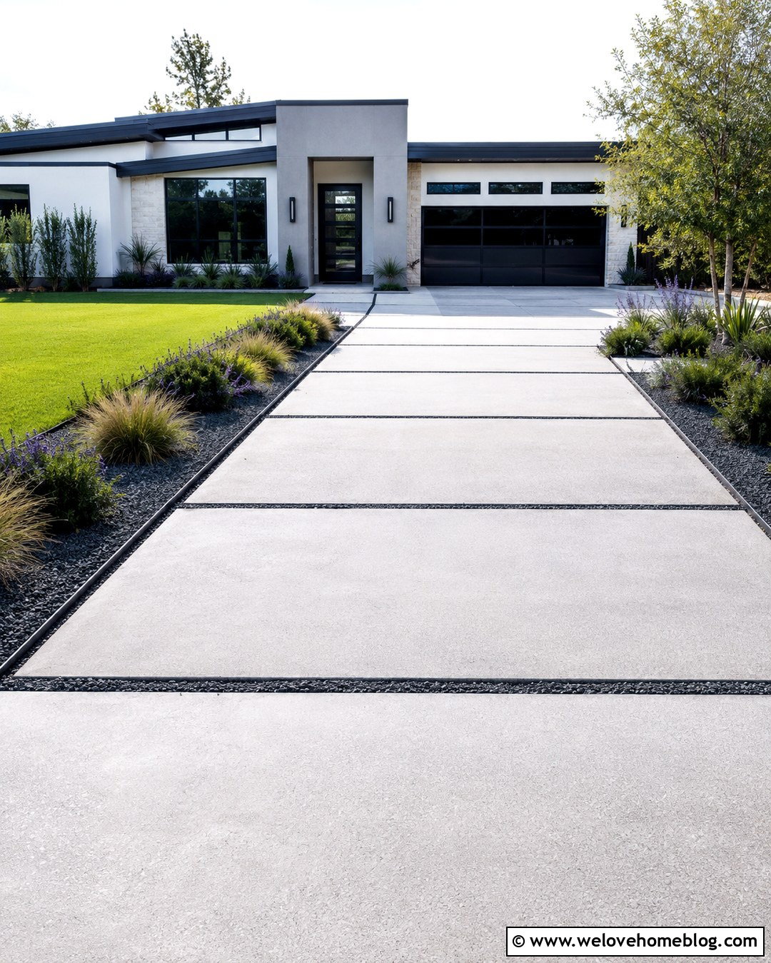 Ornamental Grass Garden Beside Modern Concrete Driveway - 20 Garden Beside Driveway Ideas