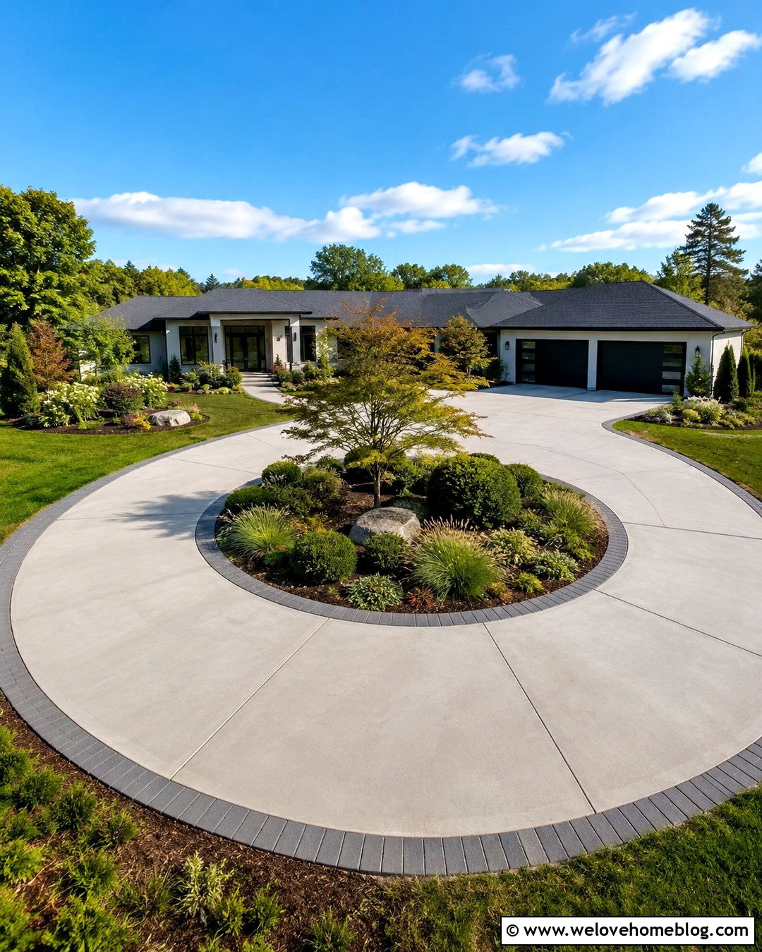 Oval Concrete Driveway With Layered Shrubs - 20 oval driveway landscaping ideas