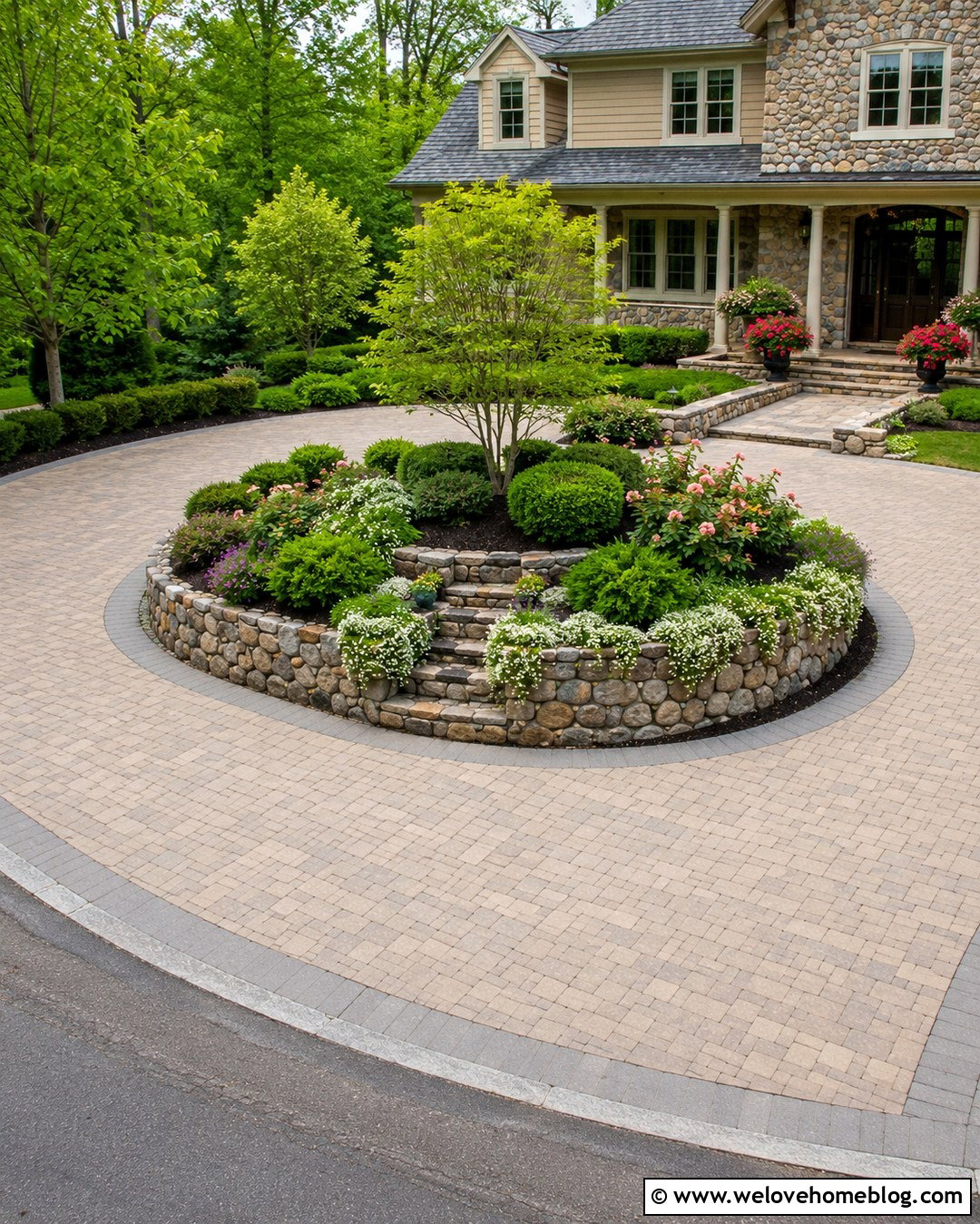 Oval Driveway With Raised Stone Island - 20 oval driveway landscaping ideas