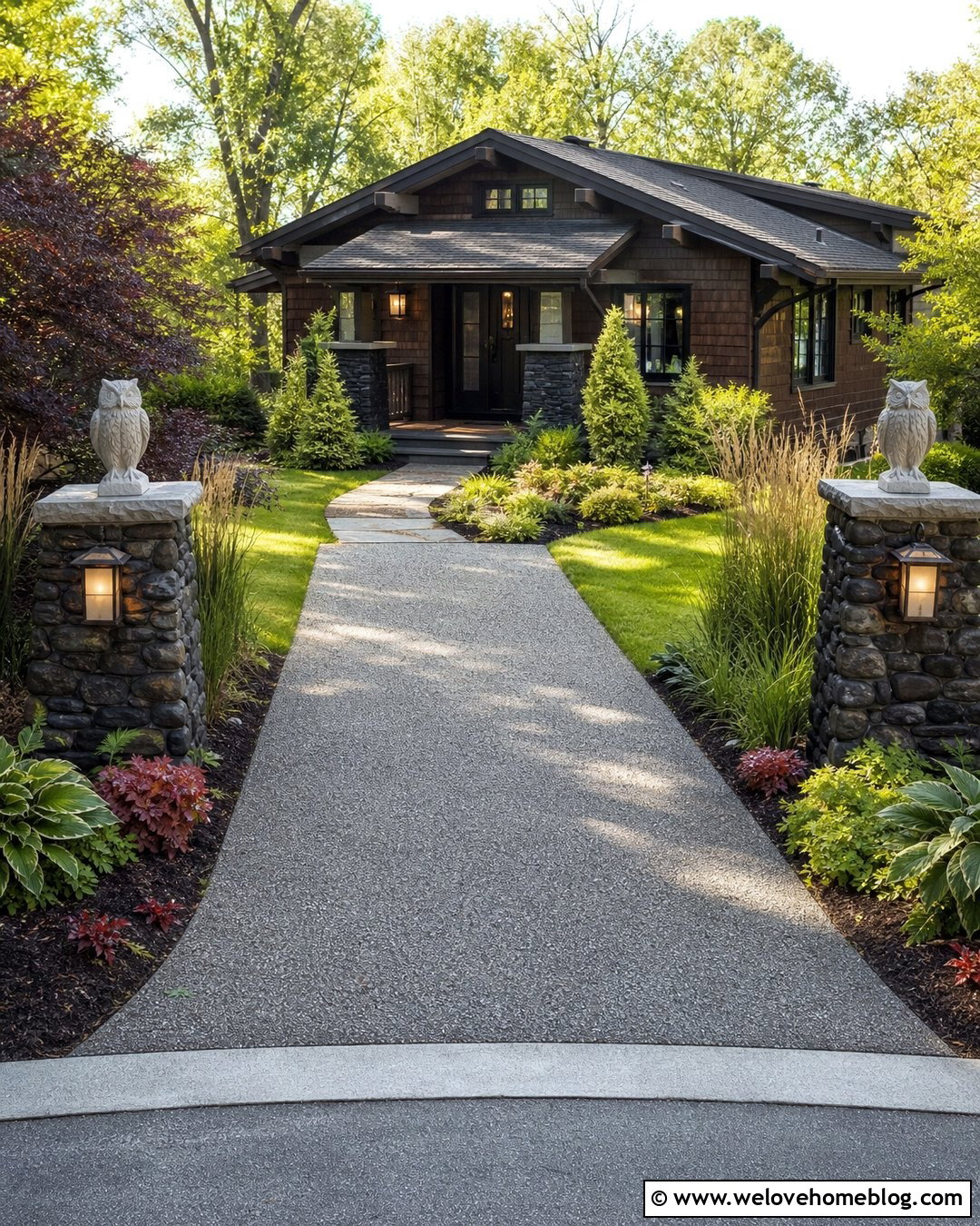 Owl Statues on Stone Columns - 20 Driveway Entrance Statues Ideas