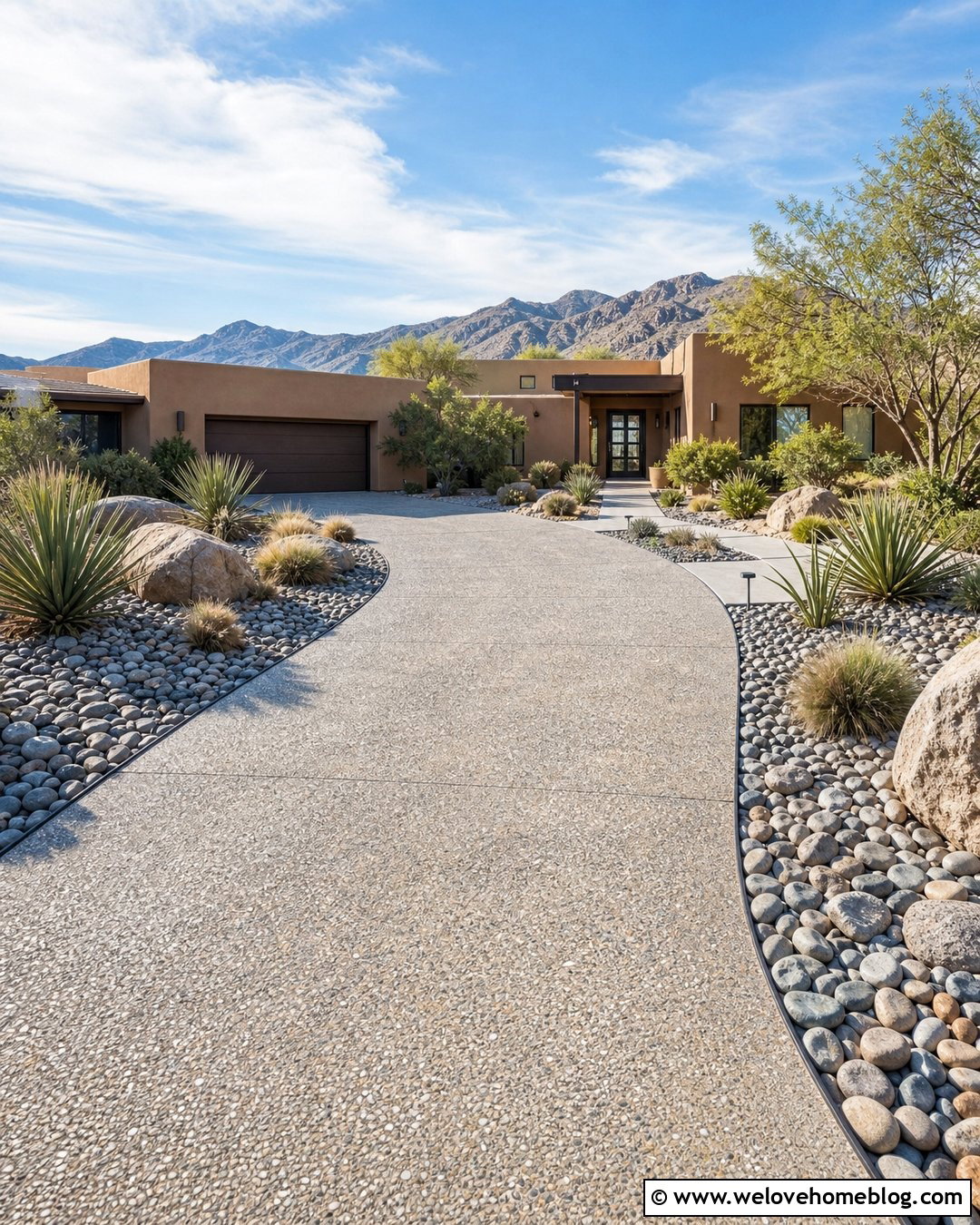 Pale Grey Exposed Aggregate Driveway With River Rock Beds - 20 Grey Exposed Aggregate Driveway Ideas