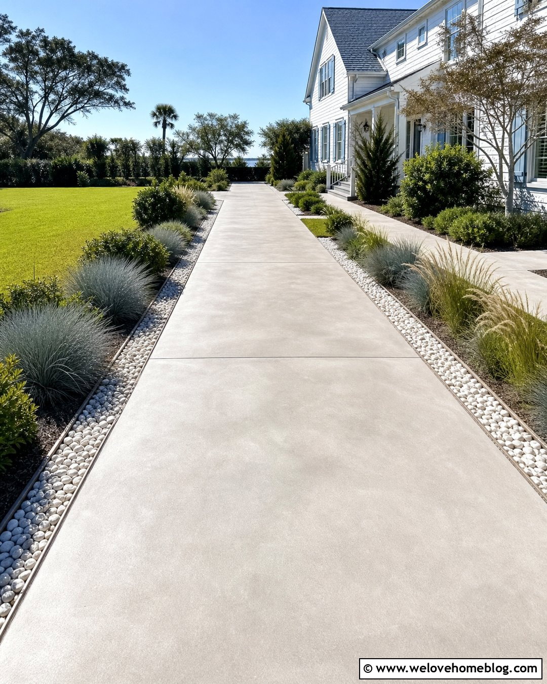 Pale Grey Stained Concrete Driveway With White Stone Borders - 20 grey stained concrete driveway ideas