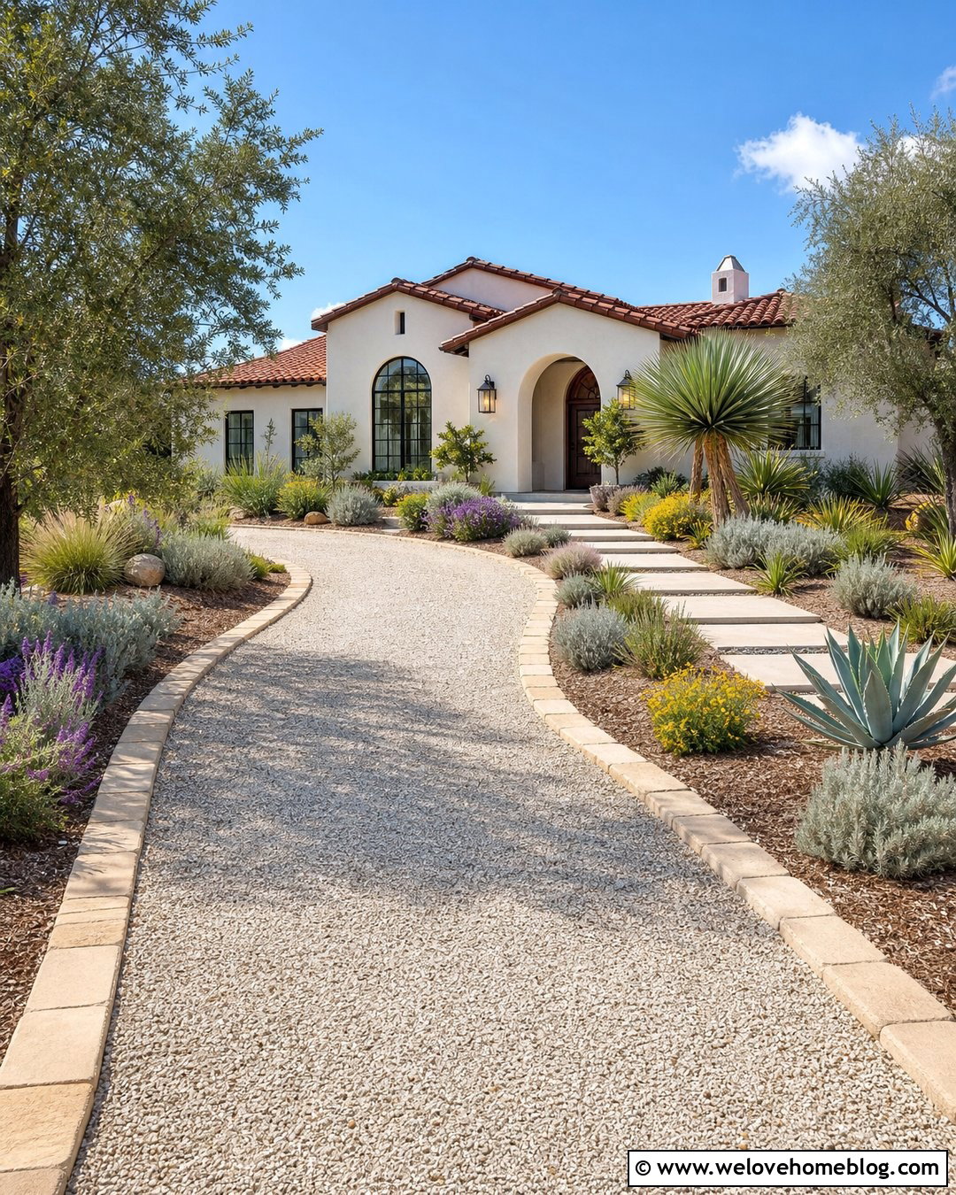 Pale Self Binding Gravel Driveway With Drought Tolerant Plants