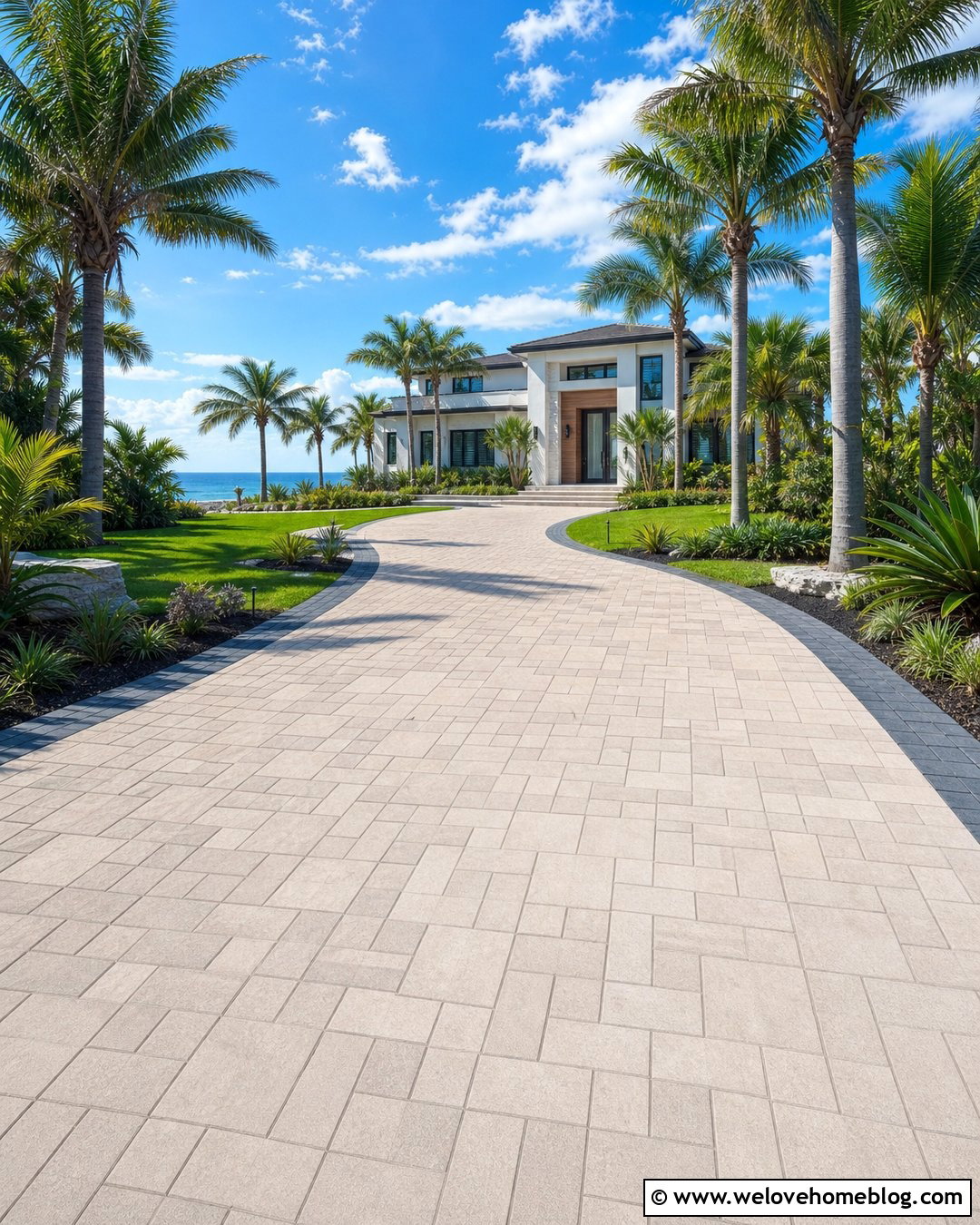 Palm Tree Lined Paver Driveway - 40 Tree Lined Driveway Ideas