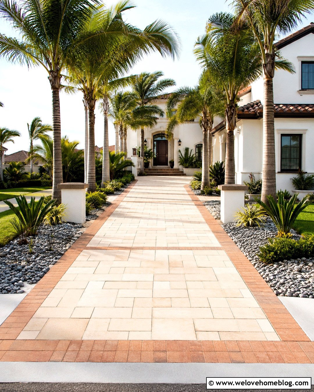 Palm Tree Lined Paver Driveway - 20 Treelined Driveway Ideas