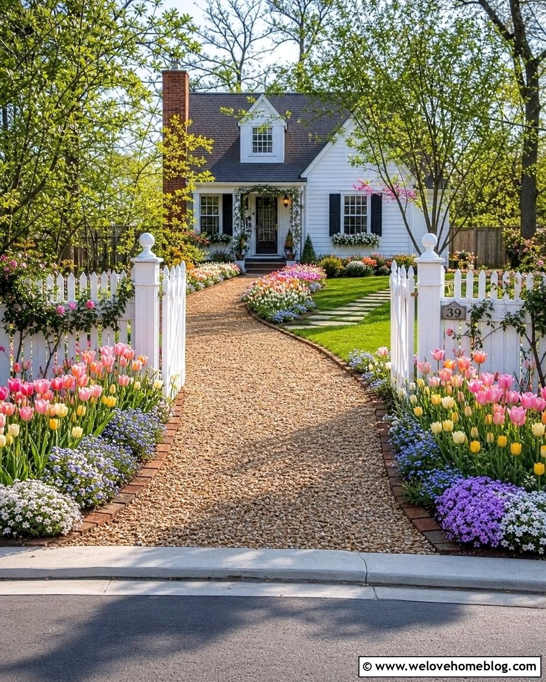 Pastel Tulip Lined Cottage Driveway - 20 tulip lined driveway ideas
