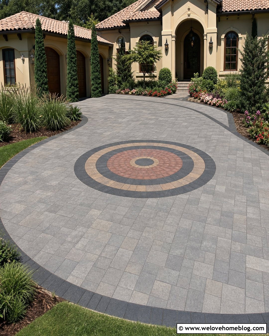 Patio Stone Driveway With Circular Medallion - 20 Patio Stone Driveway Ideas