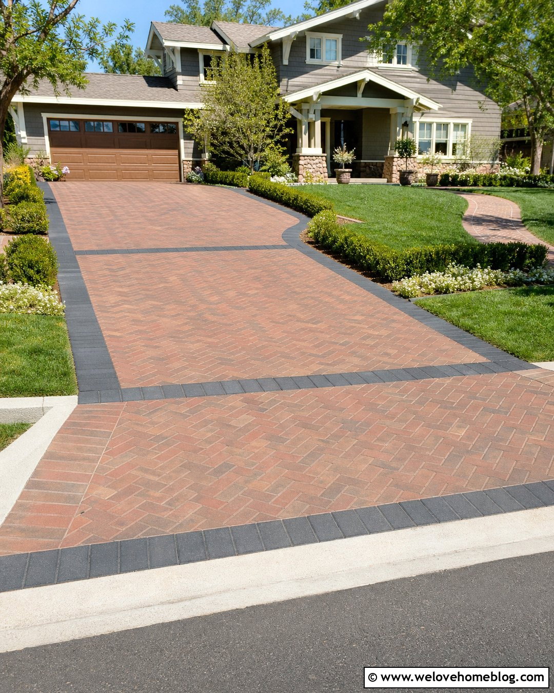 Paver Angled Driveway With Herringbone Pattern