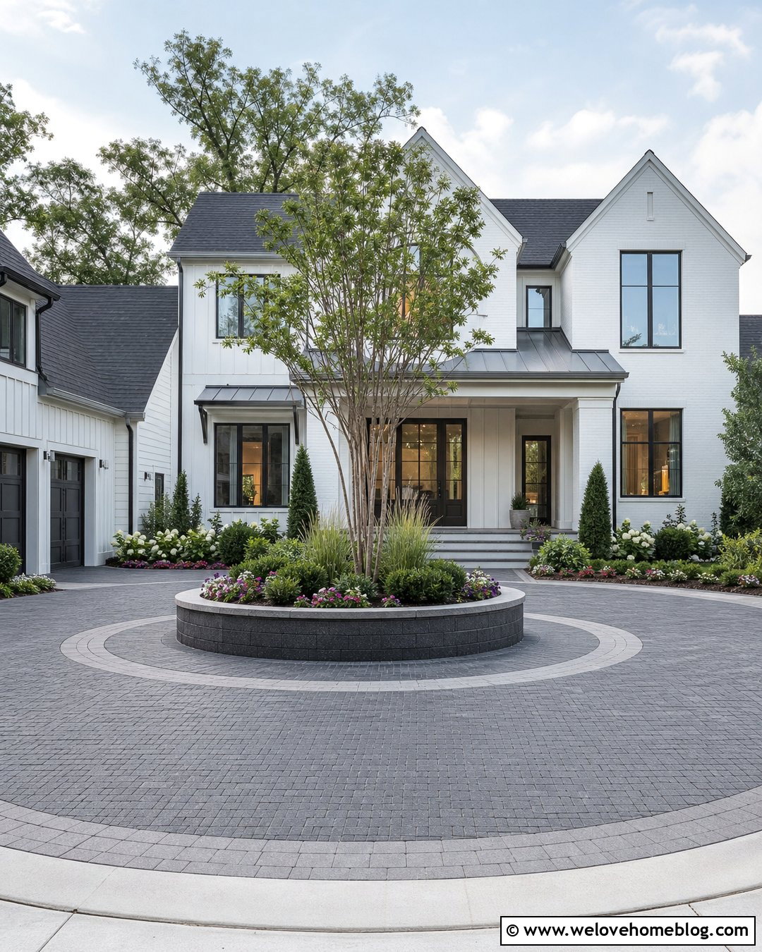 Paver Circle Driveway With Raised Planter Island - 40 circle driveway landscaping ideas