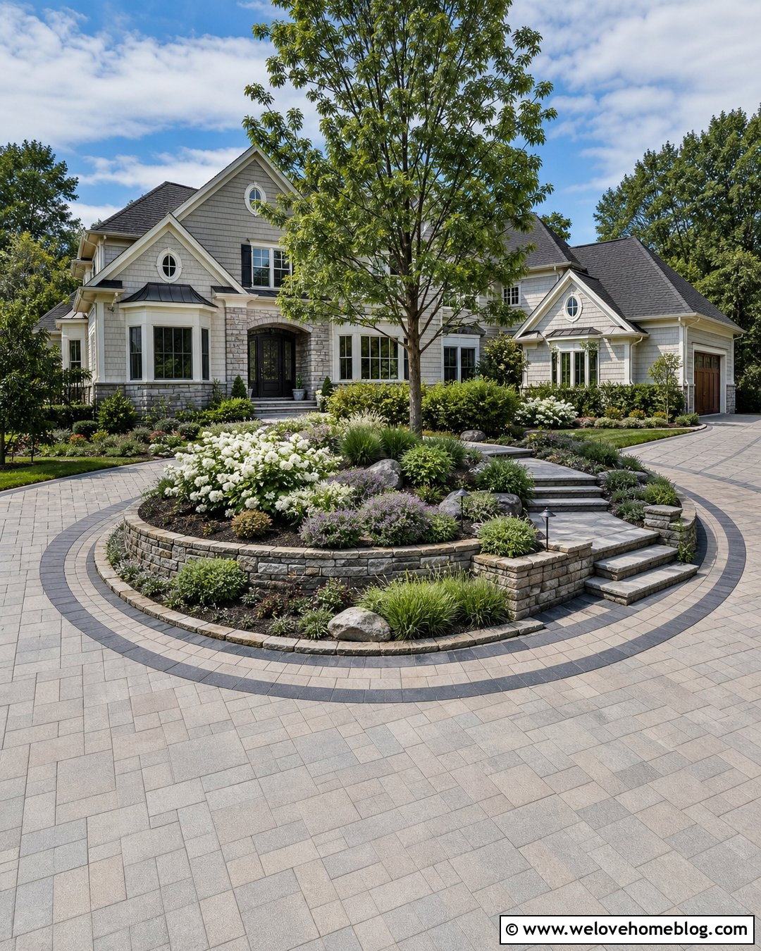Paver Circle Driveway With Tiered Garden - 40 circle driveway landscaping ideas