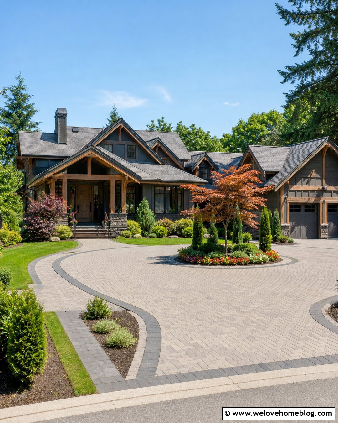 Paver Circular Driveway With Herringbone Pattern - 45 Circular Driveway Ideas