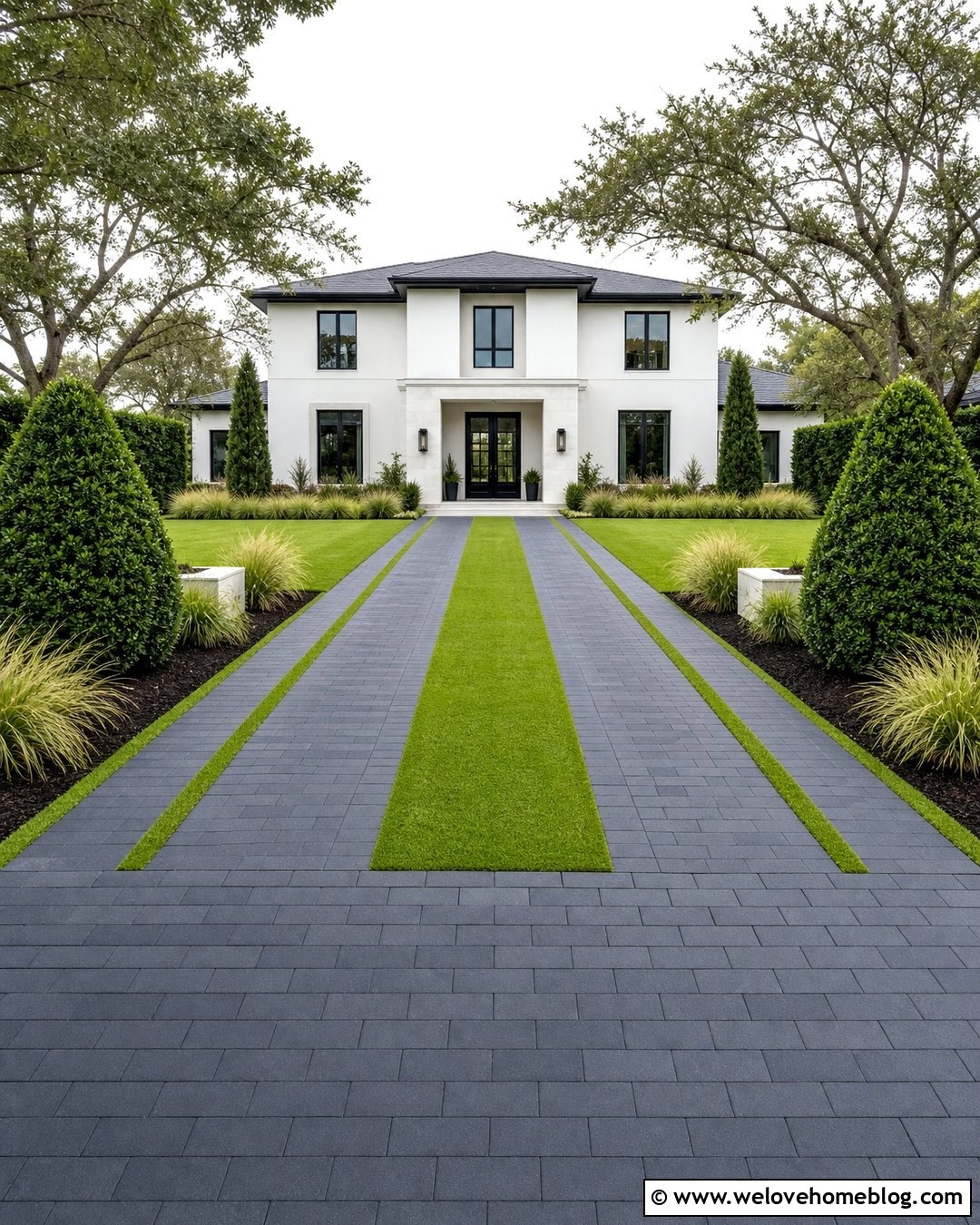 Paver Double Ribbon Driveway With Artificial Turf - 20 double ribbon driveway ideas