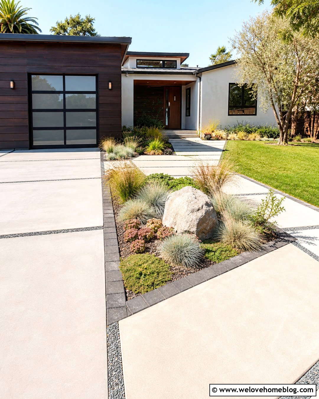 Paver Driveway Corner With Ornamental Grass - 20 corner driveway landscaping ideas