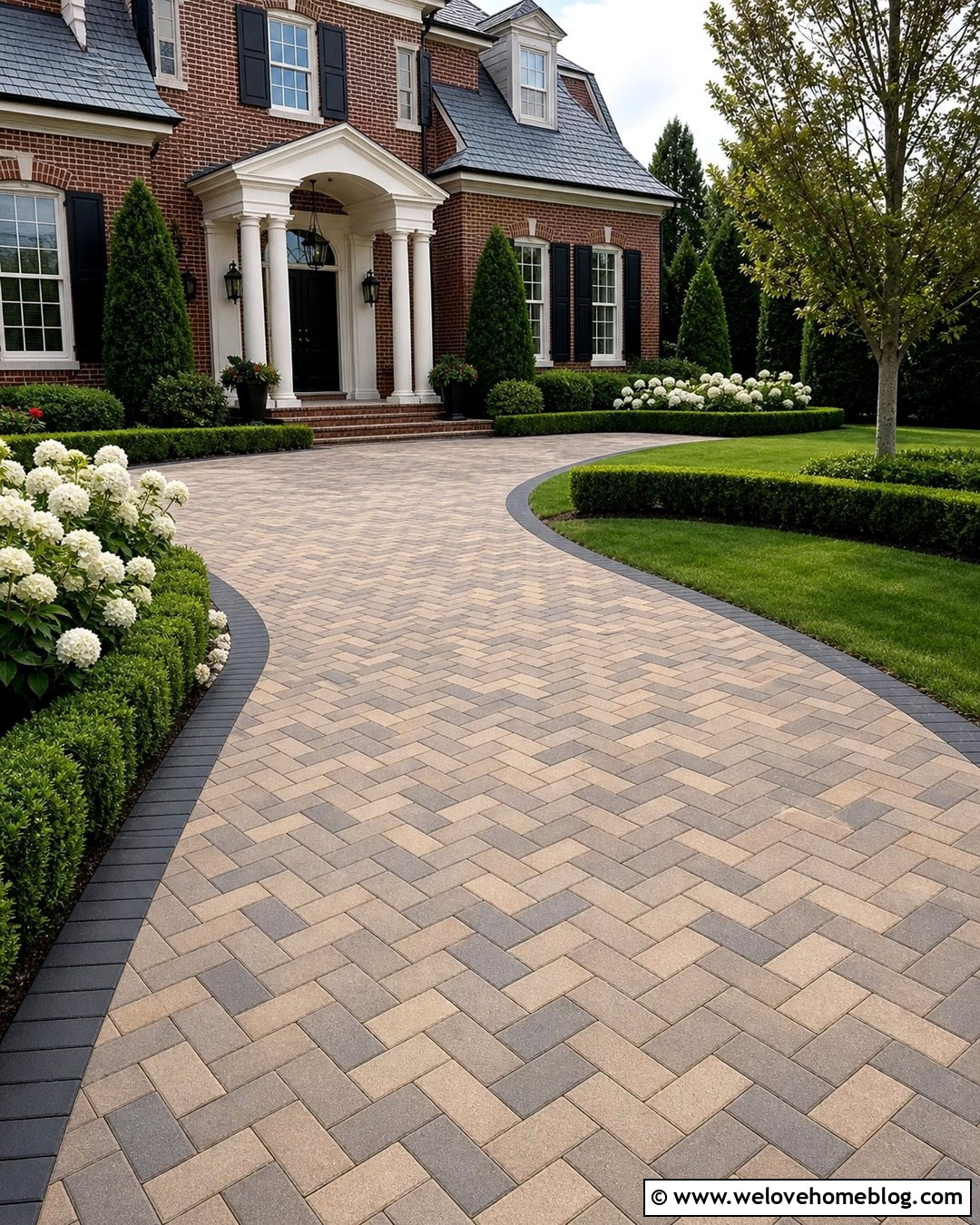 Paver Driveway Entrance With Boxwood Hedges - 50 driveway entrance landscaping ideas