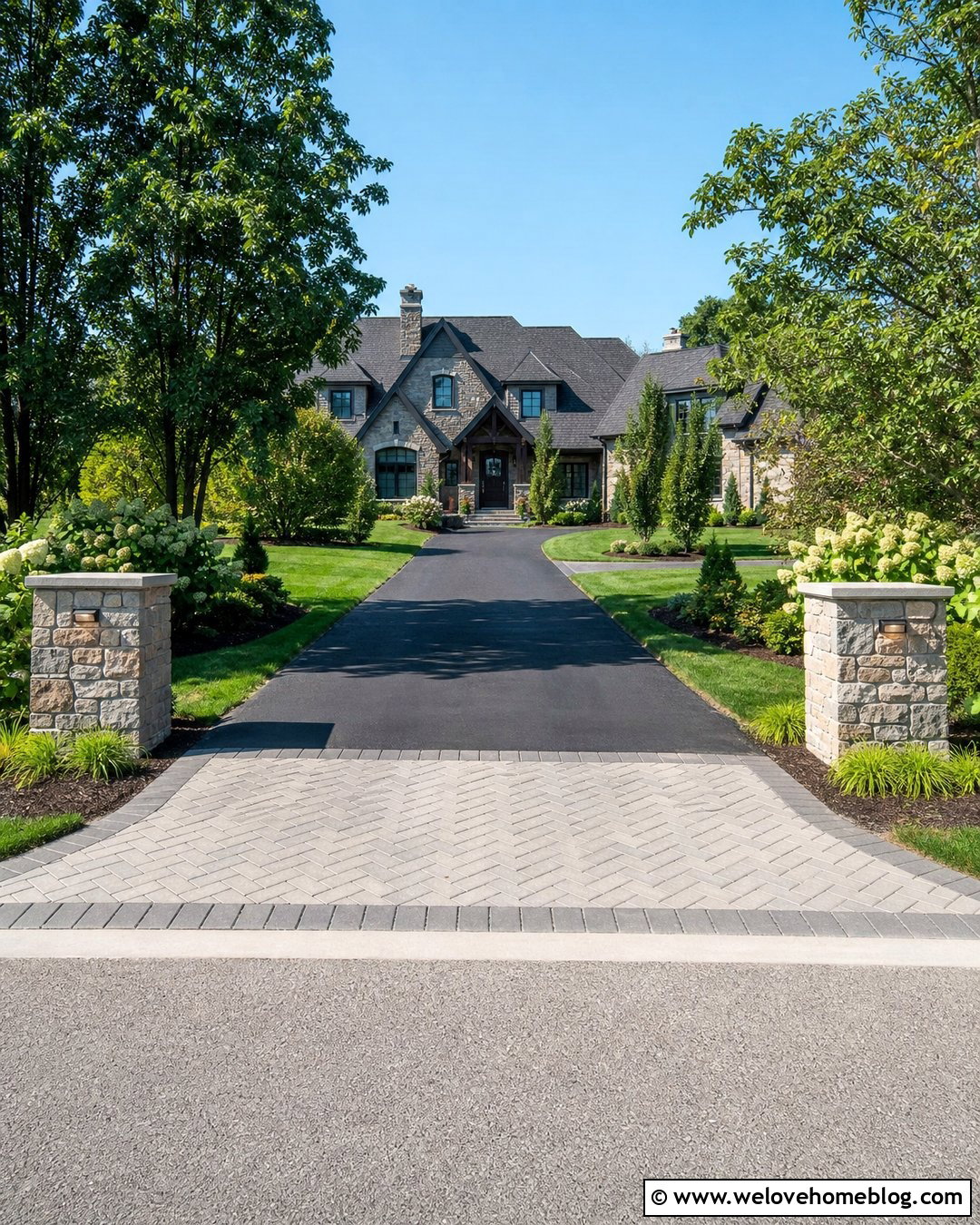 Paver Driveway Entrance With Stone Pillars - 20 Pavers At End Of Driveway Ideas