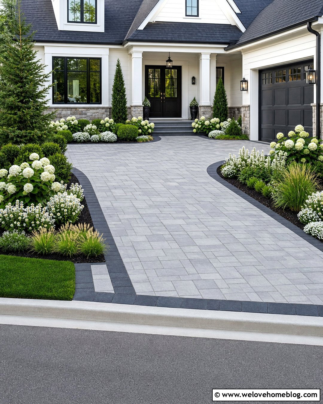 Paver Driveway Flower Bed With White Flowers - 30 Driveway Flower Bed Ideas