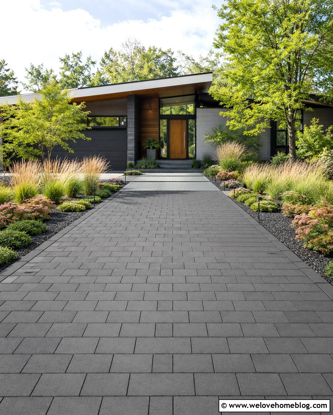 Paver Driveway Garden Bed With Ornamental Grasses - 20 garden bed along driveway ideas