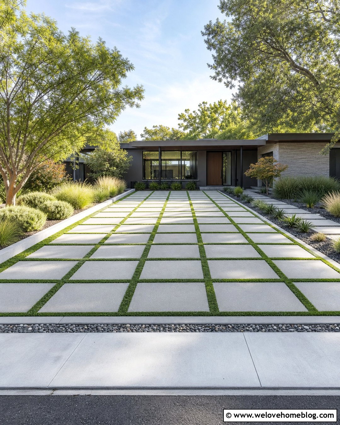 Paver Driveway Garden With Grass Joints - 30 Driveway Garden Ideas