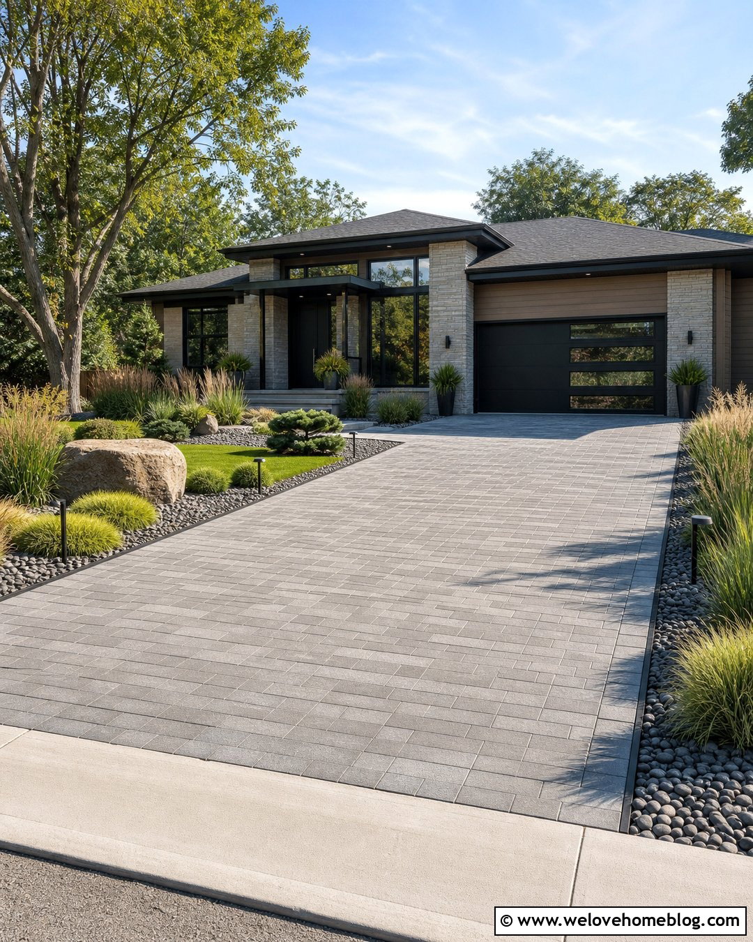 Paver Driveway Landscaping With Ornamental Grasses - 30 driveway landscape ideas