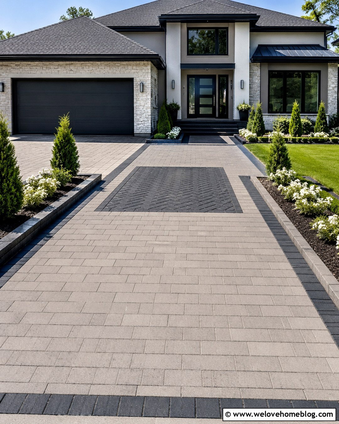 Paver Driveway With A Front Door Accent Pattern - 20 Front Door Driveway Ideas