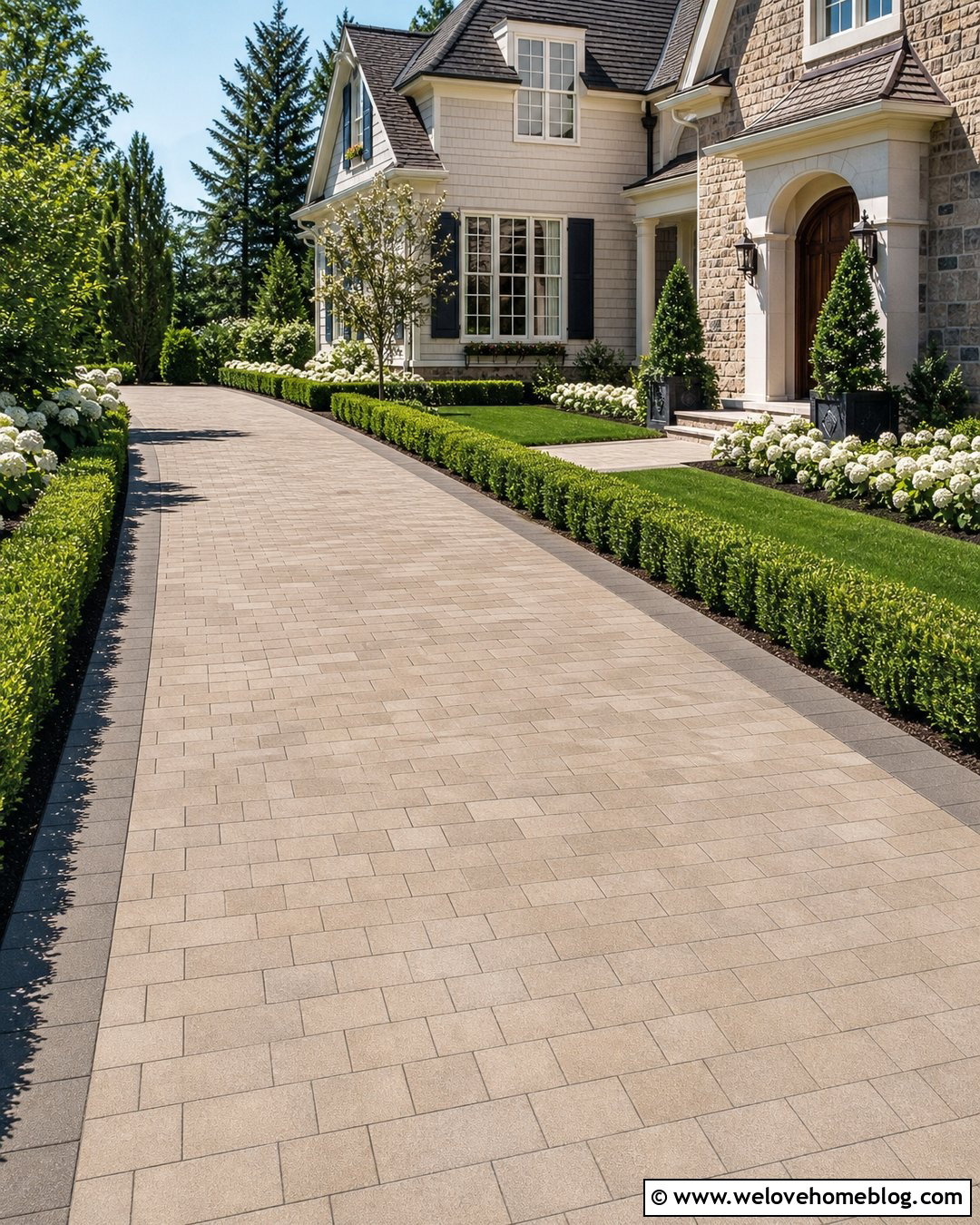 Paver Driveway With Boxwood And Hydrangea Beds - 20 along the driveway landscaping ideas