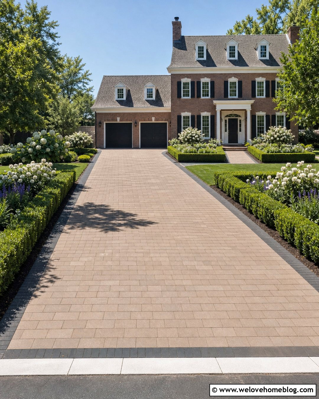 Paver Driveway With Boxwood And White Flowers - 25 landscaping by driveway ideas